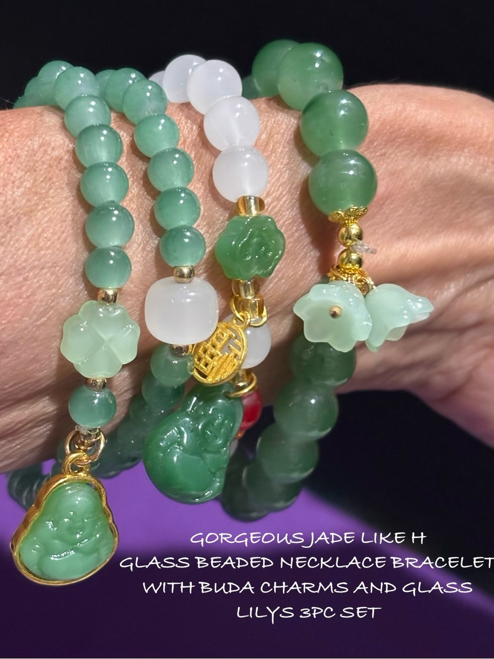 Gorgeous Green Jade-Look Bead Bracelet Set with Buda Good Luck & Lily Charms 3Pc